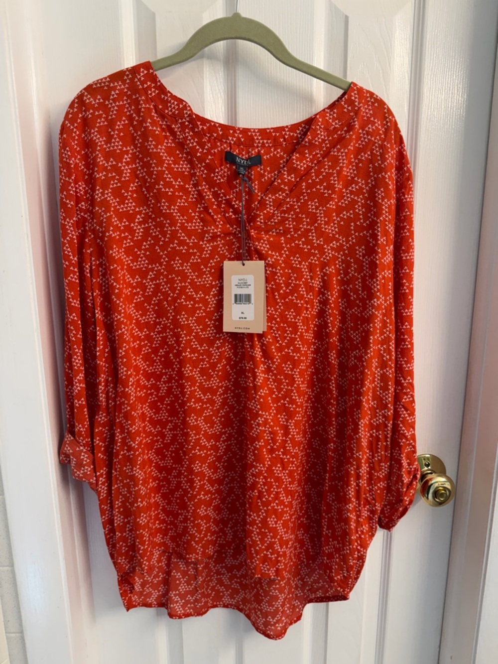 NYDJ Orange-Red Printed V-Neck Roll-Tab Blouse